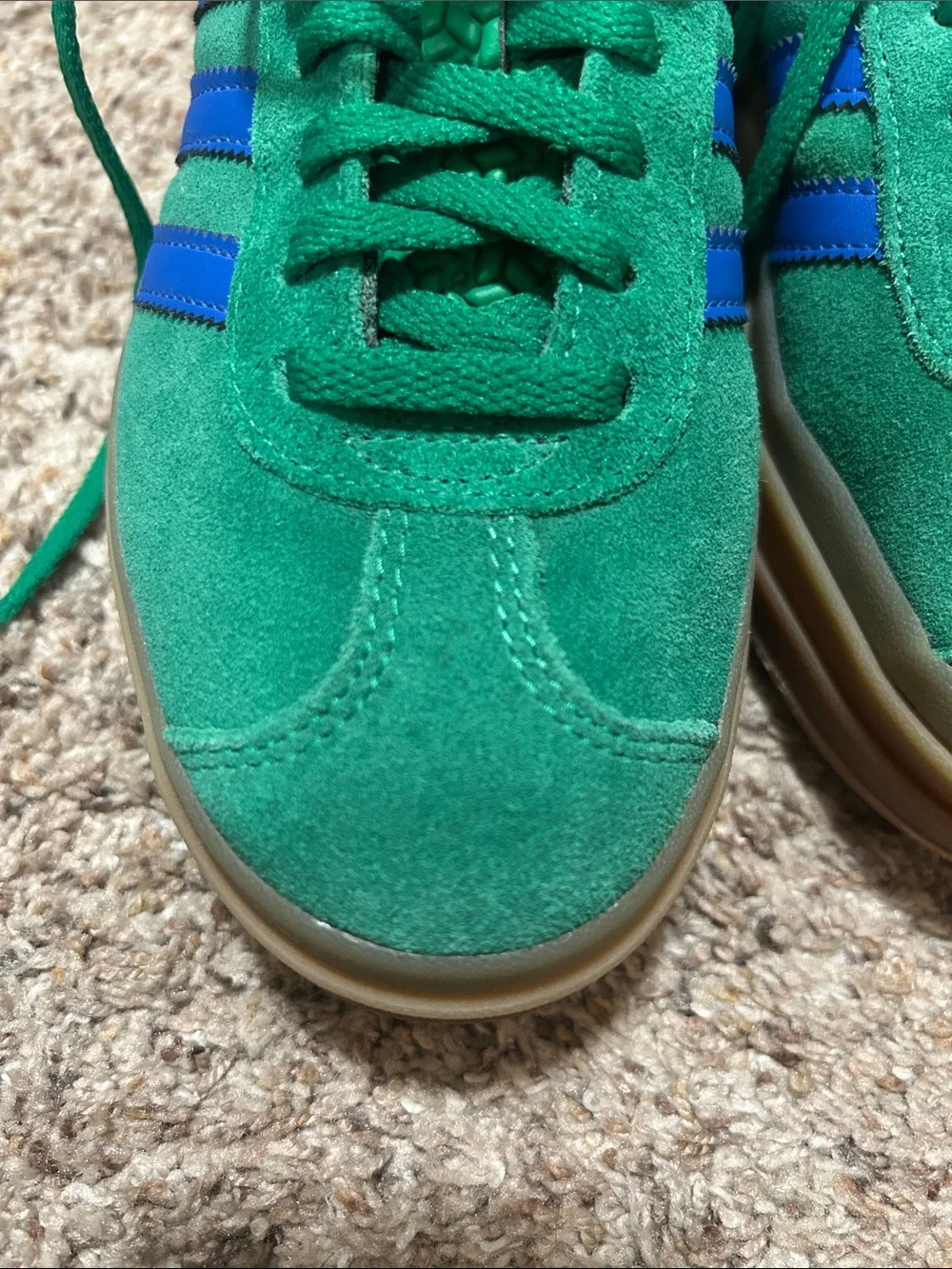 adidas Green Suede Sneakers with Blue Stripes and Gum Platform